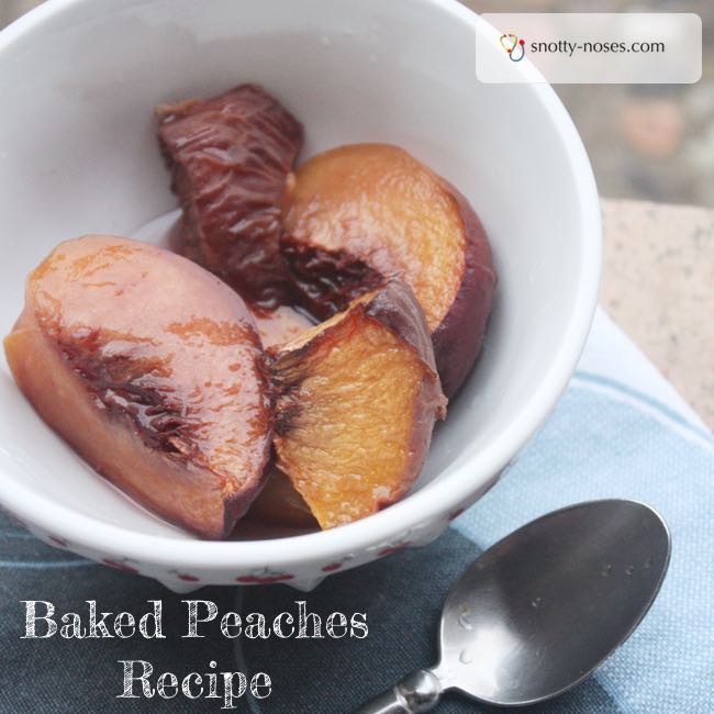 Baked Peaches are a really easy healthy dessert. You can also use them as a healthy breakfast idea or a healthy snack idea. So versatile! Your kids will love them!