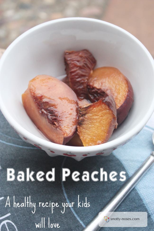 Baked Peaches are a really easy healthy dessert. You can also use them as a healthy breakfast idea or a healthy snack idea. So versatile! Your kids will love them!