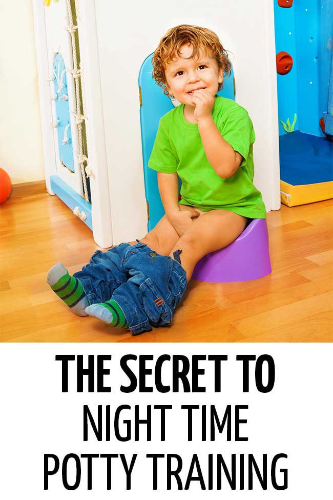 A little girl sitting on a pink potty before she goes to bed. The Secret to Successful Night Time Potty Training. Written by a pediatric doctor. #pottytraining #pottytrainingtips #nighttimepottytraining #toilettraining #pottytrainingtips #toddlers #toddlertips #lifewithtoddlers #parenting #parents #parenthood #parentlife #lifewithkids